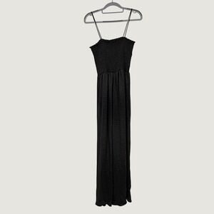 Blue Buttercup Black Smocked Satin Maxi Jumpsuit Wide Leg Spaghetti Strap USA